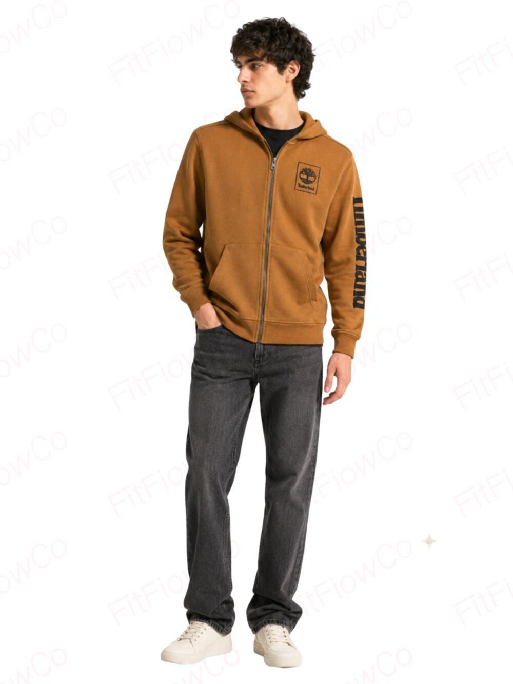 Timberland Full Zip Hoodie Brown Logo Sleeve Youth L (14-16) Cotton Blend Sweats